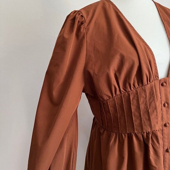 PRETTYLITTLETHING BUTTON FRONT PUFF SLEEVE SKATER SKIRT IN BROWN - 10 - Picture 6 of 13